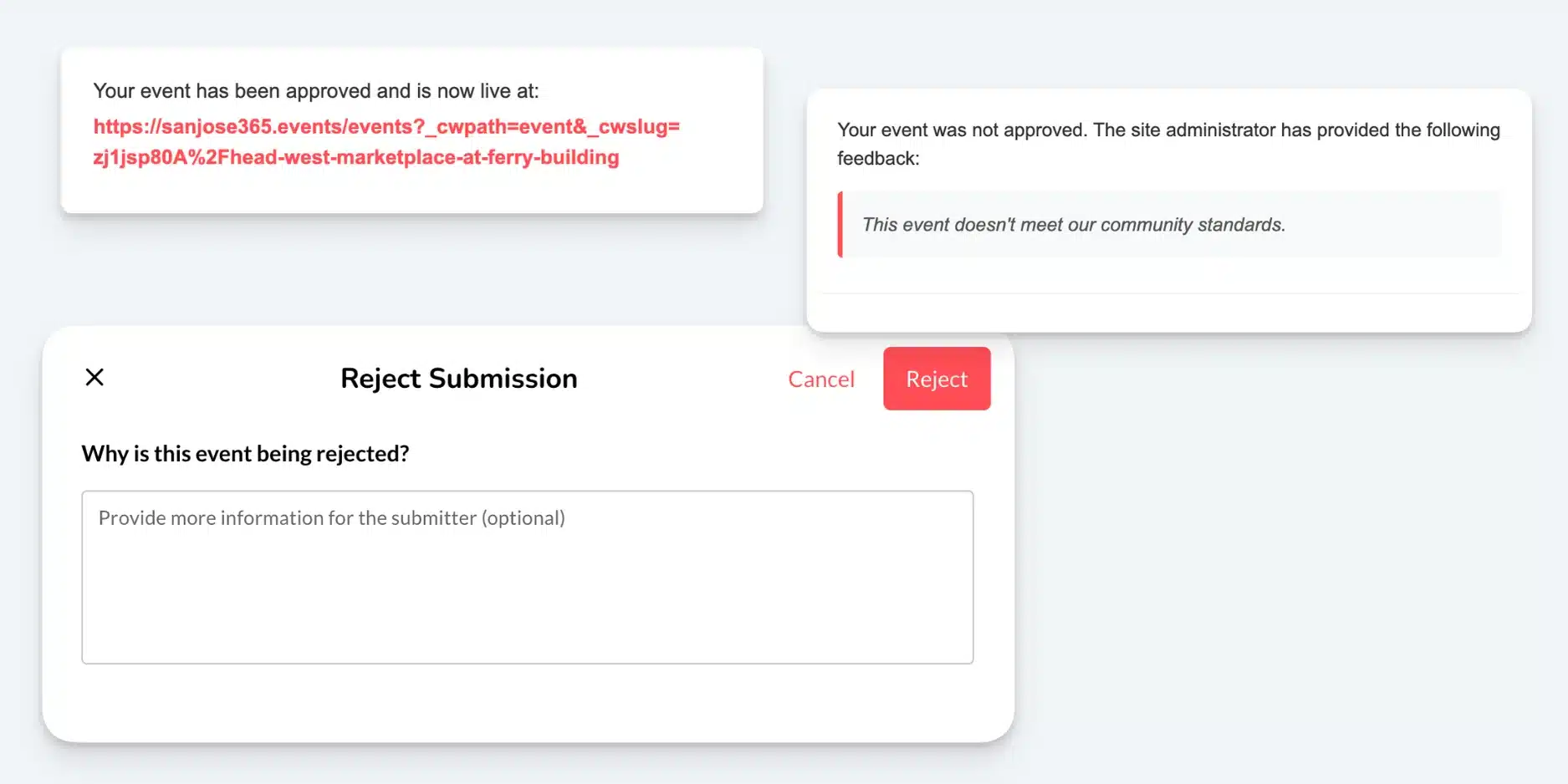 Event Submission Emails and Rejection Reason